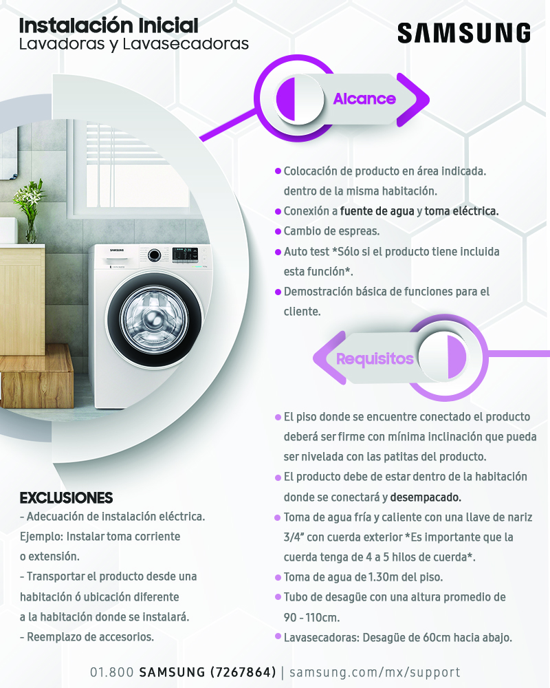 Instalación inicial Lavadoras Samsung — alcance y requisitos