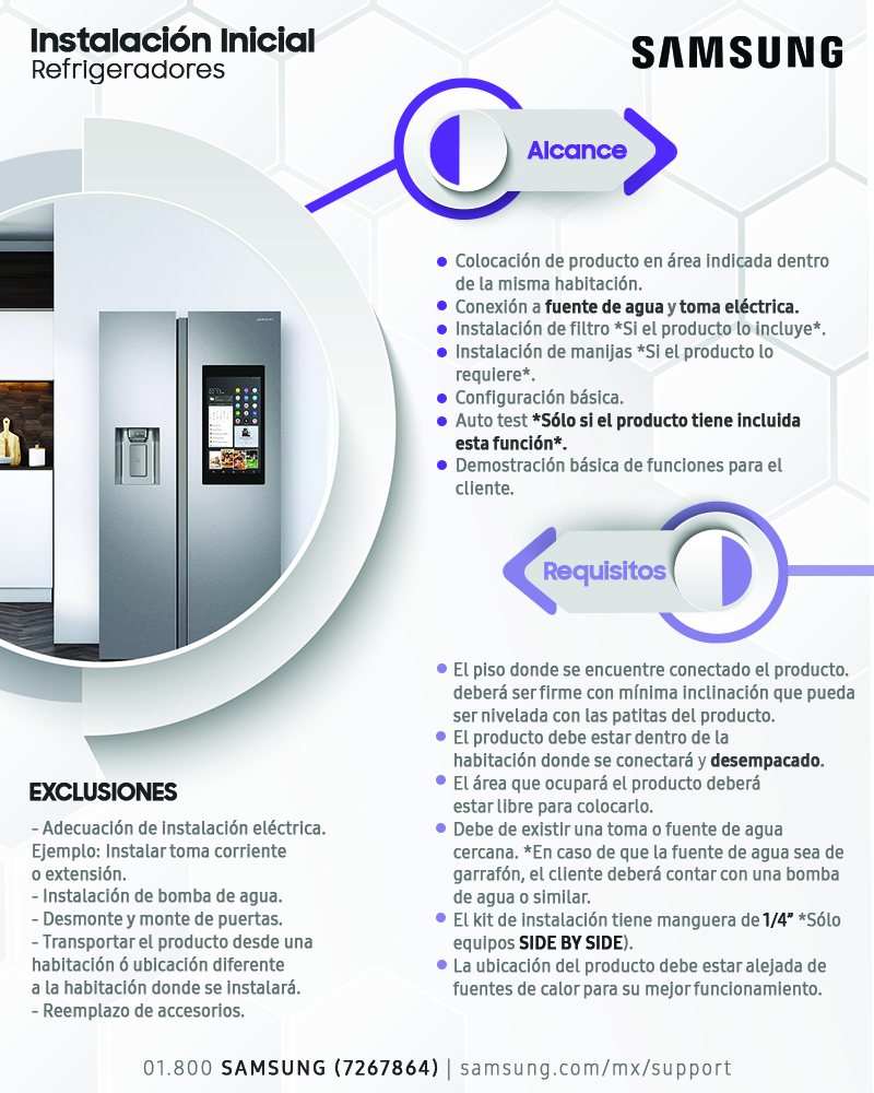 Instalación inicial Refrigerador Samsung — alcance y requisitos