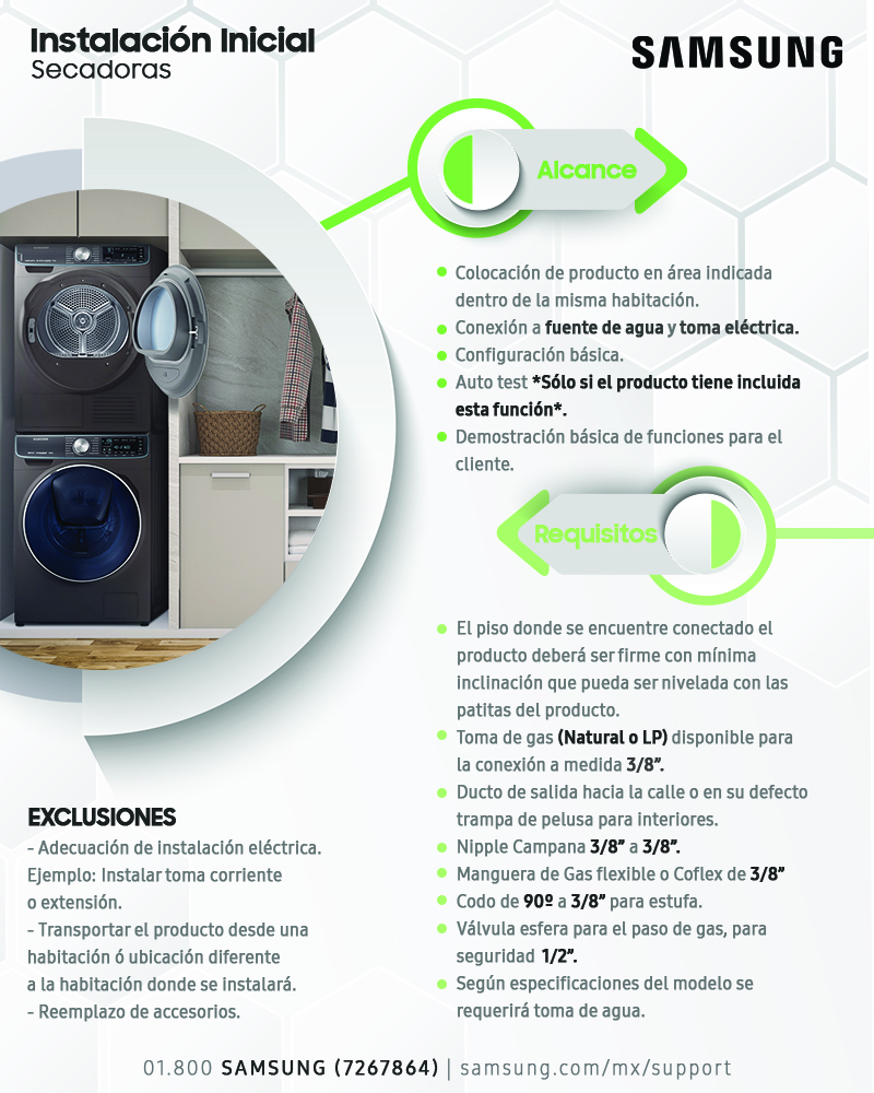 Instalación inicial Secadoras Samsung — alcance y requisitos
